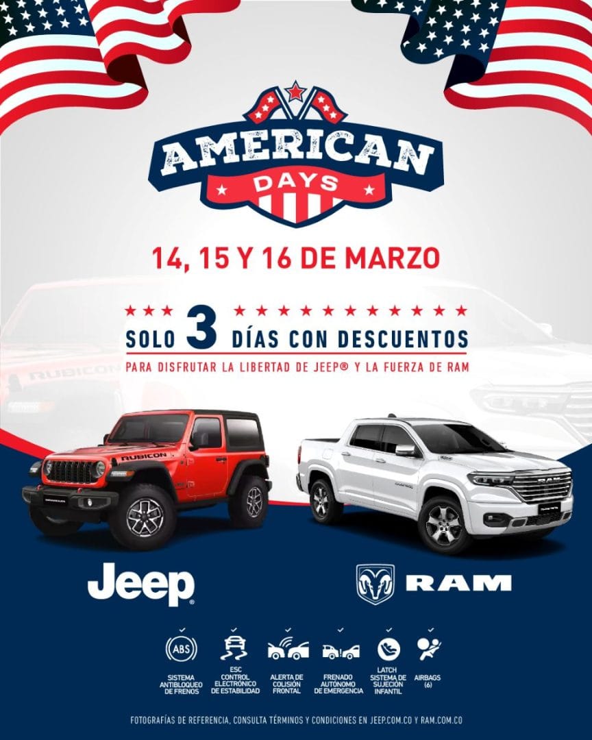 AMERICAN DAYS: LA PODEROSA CAMPAÑA SOBRE RUEDAS PARA ADQUIRIR UN VEHÍCULO JEEP Y RAM V12MAGAZINE American Days, la cita imperdible para los amantes de la libertad y la fuerza automotriz aterriza en Colombia del 14 al 16 de marzo de 2025. Jeep y Ram encienden motores con una experiencia única que promete emociones al volante. V12MAGAZINE