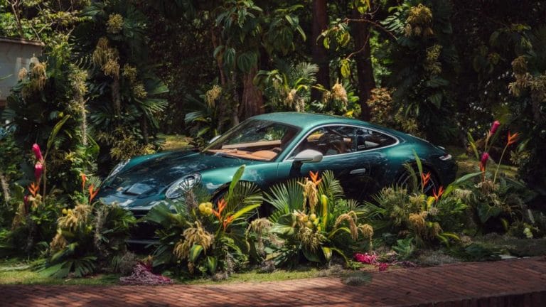 Detalle frontal del Porsche 911 GT3 El Ocelote edición 30 años de Autoelite con pintura Forest Green Metallic inspirada en la selva amazónica colombiana