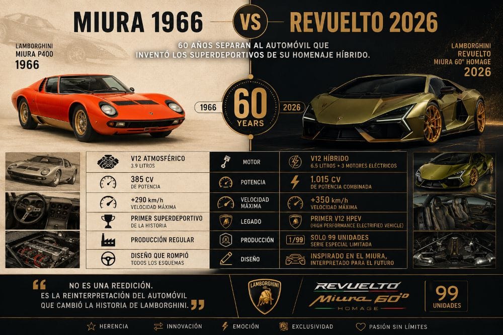 Lamborghini celebra los 60 años del legendario Miura con una edición limitada del Revuelto. Solo se fabricarán 99 unidades que combinan el diseño del primer superdeportivo de la historia con un V12 híbrido de 1.015 caballos. V12MAGAZINE